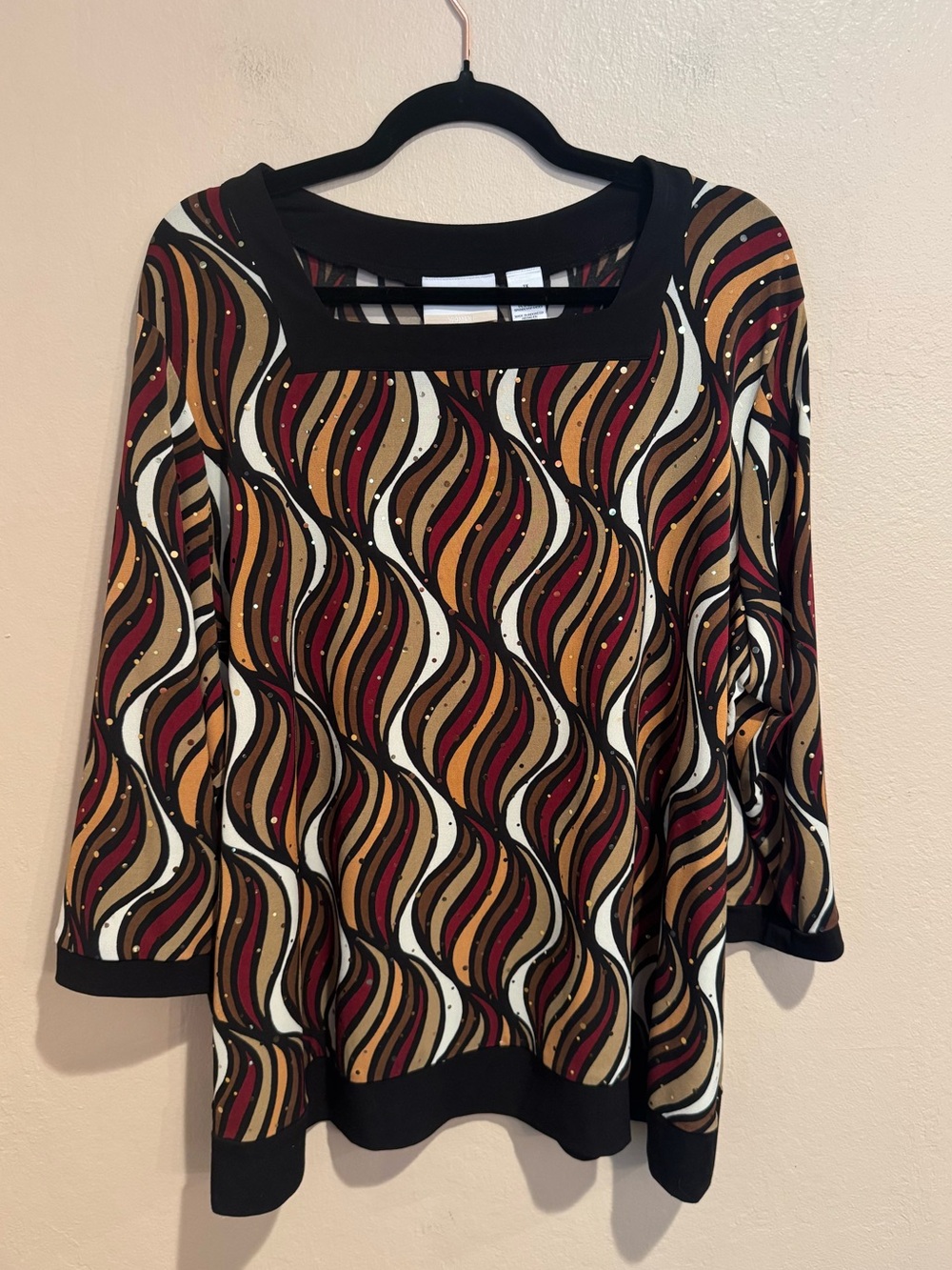 Alfred Dunner Wave-Print Tunic in Burgundy, Mustard, Cream & Black